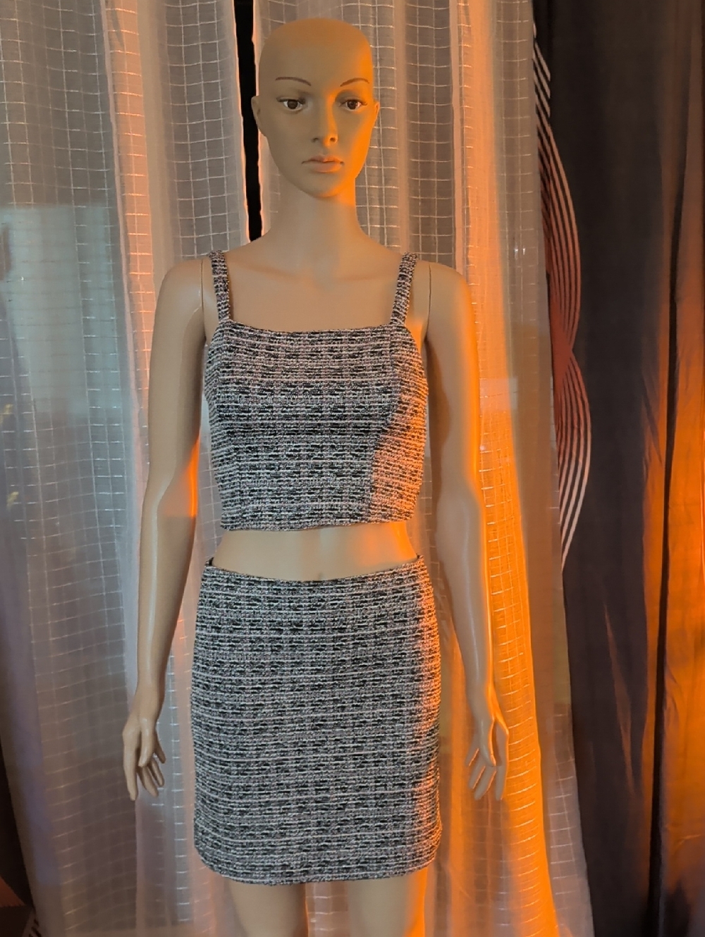 Textured Black & White Two-Piece Crop Top and Mini Skirt Set Top Small Skirt XS